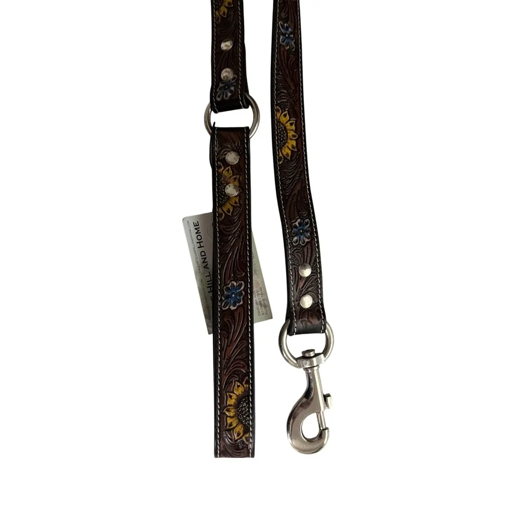 Myra Bag Tooled Leather Dog Leash Sunflower Floral Western Brown Silver Hardware